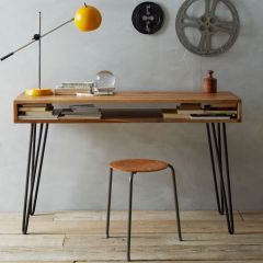 北欧简约书桌复古实木电脑台式桌简约现代铁艺家用写字学习办公桌